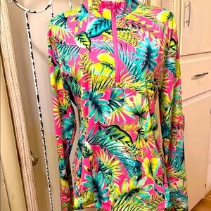 Tommy Bahama Pink Tropical Zip-Up Top Activewear 2 pockets 💕